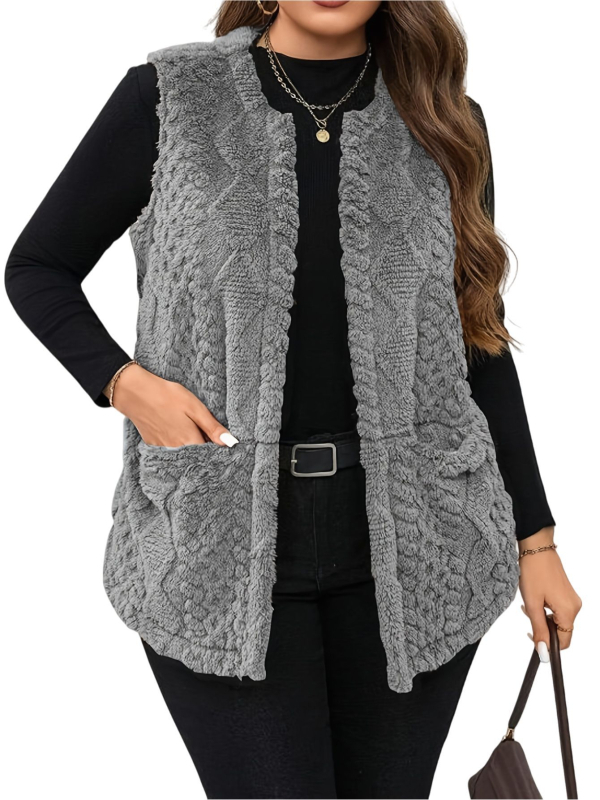 Ženska srednje duga pletena vest s okruglim izrezom, jednobojna, materijal: poliester, punilo: poliester-bambuk, jesen 2025