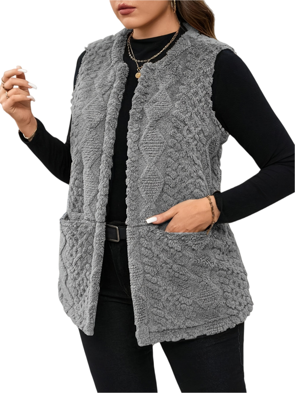 Ženska srednje duga pletena vest s okruglim izrezom, jednobojna, materijal: poliester, punilo: poliester-bambuk, jesen 2025