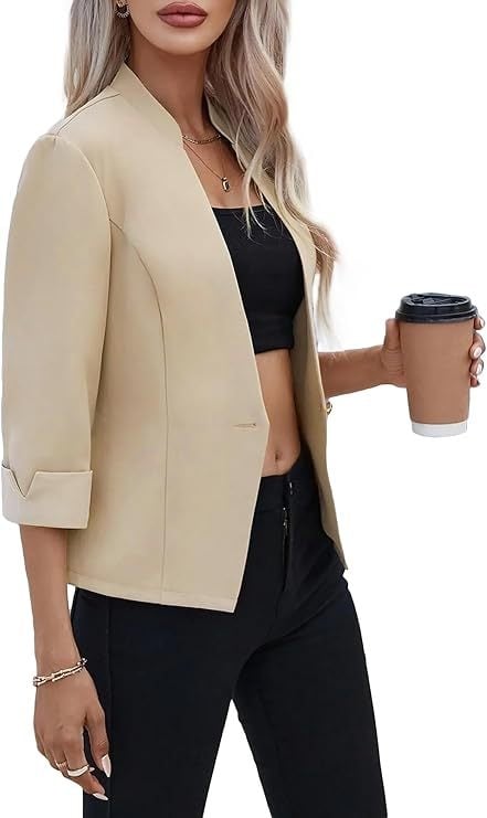 Ženski lagani blazer s stojećim ovratnikom, 3/4 rukava, uski kroj, poliester tkanina, duljina 50–65 cm