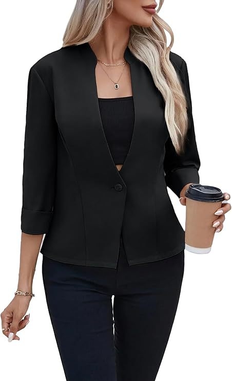 Ženski lagani blazer s stojećim ovratnikom, 3/4 rukava, uski kroj, poliester tkanina, duljina 50–65 cm