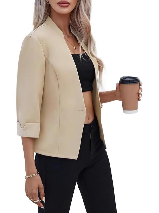 Ženski lagani blazer s stojećim ovratnikom, 3/4 rukava, uski kroj, poliester tkanina, duljina 50–65 cm