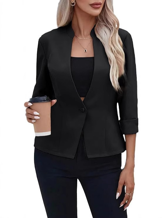 Ženski lagani blazer s stojećim ovratnikom, 3/4 rukava, uski kroj, poliester tkanina, duljina 50–65 cm