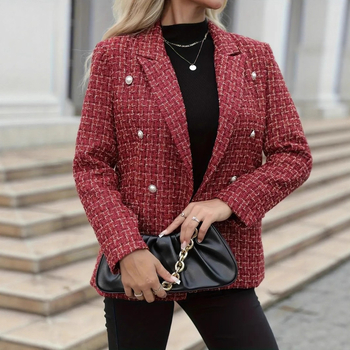 Ženski dvostruko kopčani blejzer s ovratnikom, dugi rukavi, patchwork detalj, poliester materijal 95%+