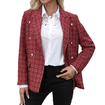 Ženski dvostruko kopčani blejzer s ovratnikom, dugi rukavi, patchwork detalj, poliester materijal 95%+