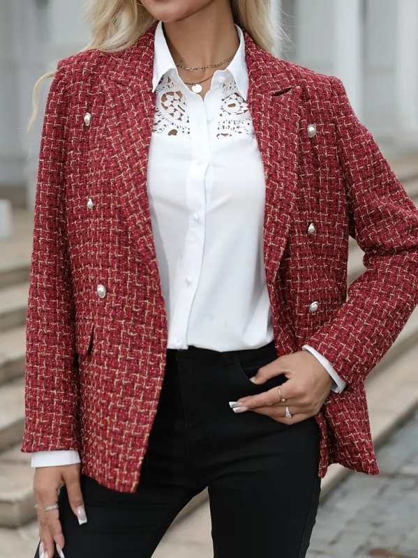 Ženski dvostruko kopčani blejzer s ovratnikom, dugi rukavi, patchwork detalj, poliester materijal 95%+