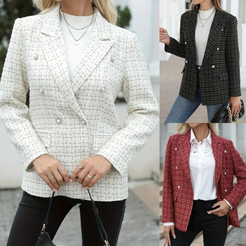 Ženski dvostruko kopčani blejzer s ovratnikom, dugi rukavi, patchwork detalj, poliester materijal 95%+