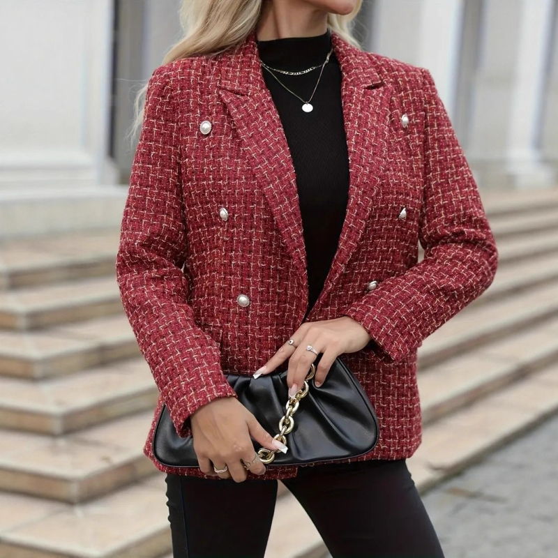 Ženski dvostruko kopčani blejzer s ovratnikom, dugi rukavi, patchwork detalj, poliester materijal 95%+