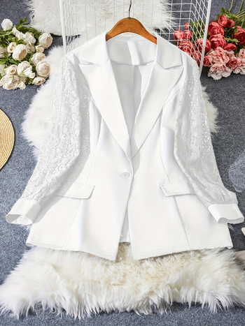 Naistele bleiser pitsiliste varrukatega, polüester koos elastaaniga, ühe nupuga lukustus, ülikonna krae, pikad varrukad, slim fit, suvi 2025