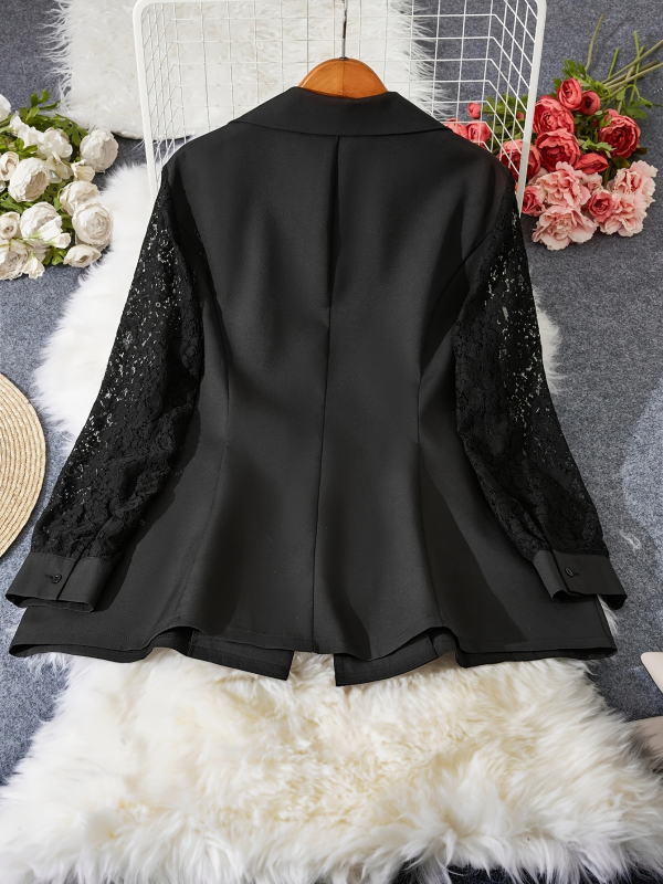 Naistele bleiser pitsiliste varrukatega, polüester koos elastaaniga, ühe nupuga lukustus, ülikonna krae, pikad varrukad, slim fit, suvi 2025