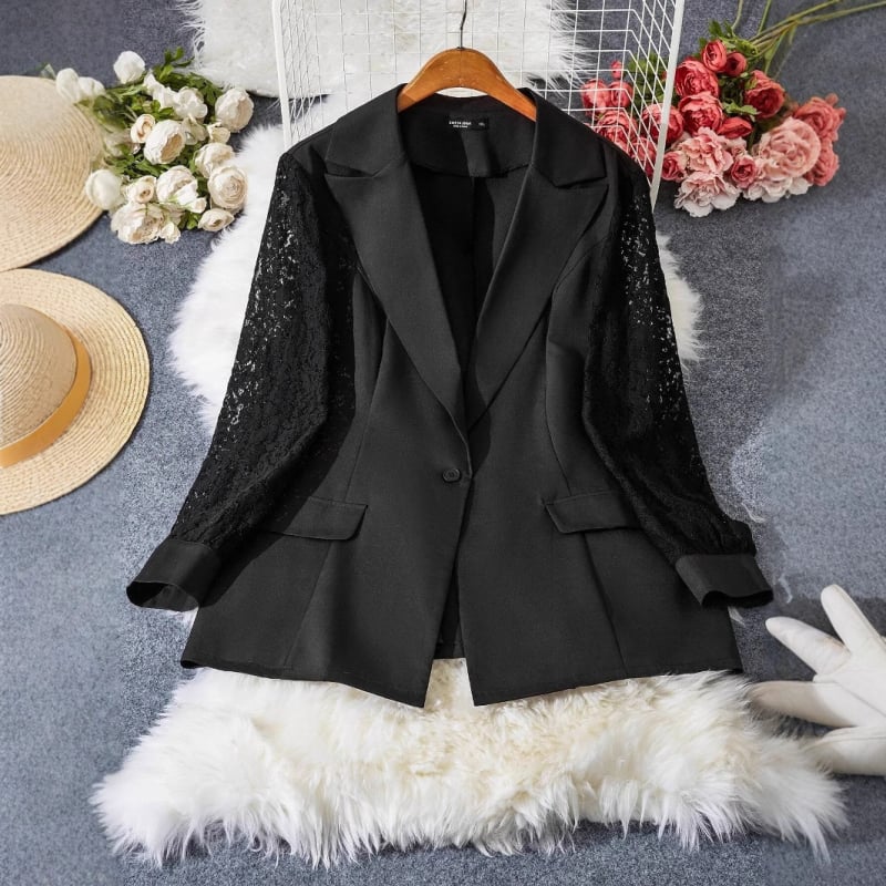 Naistele bleiser pitsiliste varrukatega, polüester koos elastaaniga, ühe nupuga lukustus, ülikonna krae, pikad varrukad, slim fit, suvi 2025