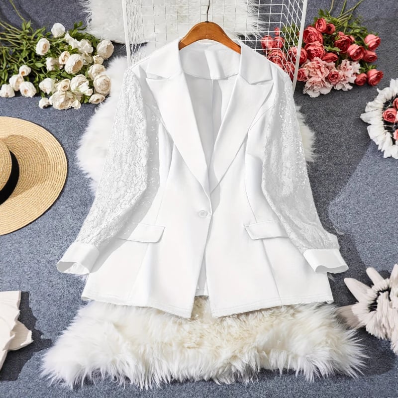 Naistele bleiser pitsiliste varrukatega, polüester koos elastaaniga, ühe nupuga lukustus, ülikonna krae, pikad varrukad, slim fit, suvi 2025