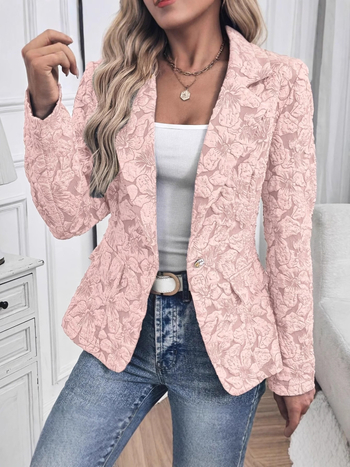 Dámska žakárová bunda s dlhými rukávmi, kvetinový vzor, golier s rezom, zapínanie na jedno gombík, 95% polyester