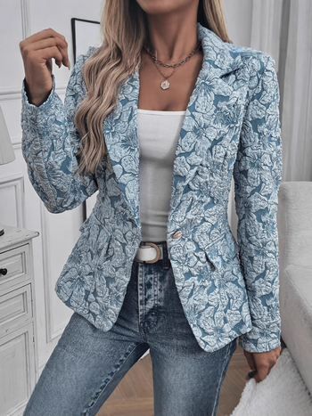 Dámska žakárová bunda s dlhými rukávmi, kvetinový vzor, golier s rezom, zapínanie na jedno gombík, 95% polyester