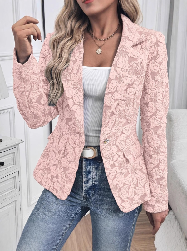 Dámska žakárová bunda s dlhými rukávmi, kvetinový vzor, golier s rezom, zapínanie na jedno gombík, 95% polyester