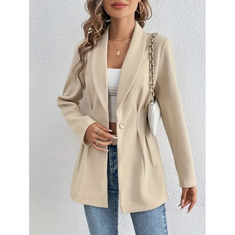 Dámsky kabát s golierom sako, jeden gomb, Regular fit, stredná dĺžka 65–80 cm, polyester ≥95%, dlhý rukáv, elegantný kancelársky štýl