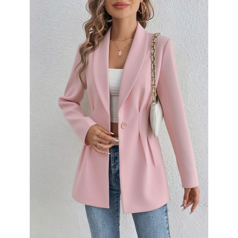 Dámsky kabát s golierom sako, jeden gomb, Regular fit, stredná dĺžka 65–80 cm, polyester ≥95%, dlhý rukáv, elegantný kancelársky štýl