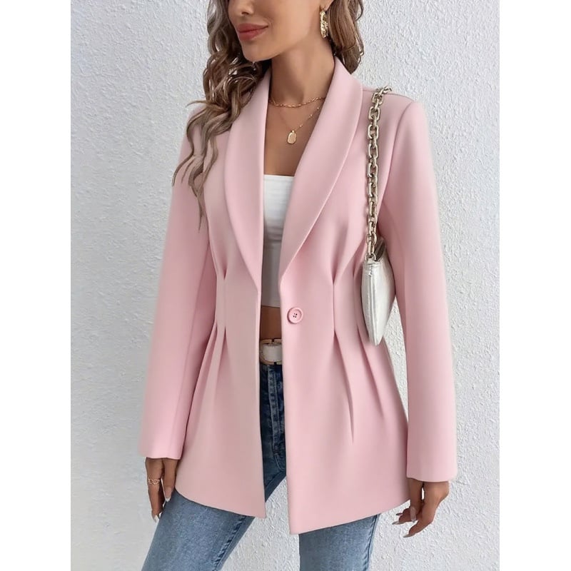 Dámsky kabát s golierom sako, jeden gomb, Regular fit, stredná dĺžka 65–80 cm, polyester ≥95%, dlhý rukáv, elegantný kancelársky štýl