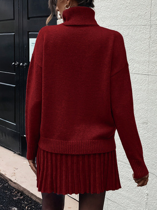Ženski set: pleteni džemper s visokim ovratnikom i suknjom (Viskoza vlakna; Srednja gustoća; Visoki ovratnik; Dugi rukavi)