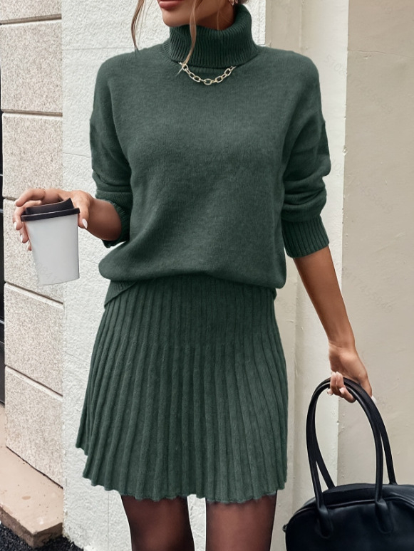 Ženski set: pleteni džemper s visokim ovratnikom i suknjom (Viskoza vlakna; Srednja gustoća; Visoki ovratnik; Dugi rukavi)