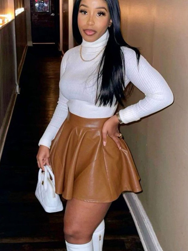 PU tutu suknja s visokim pojasom, kratka, plisirana, detalji kolaža