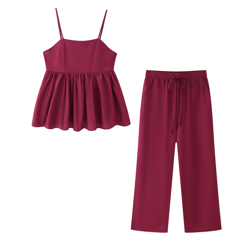 Dva dijela set: bez rukava top s visokim strukom i dugi hlače, poliester, kolažni dizajn, elegantan britanski stil