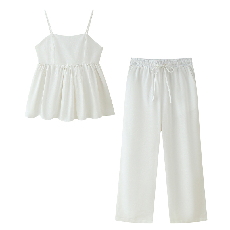 Dva dijela set: bez rukava top s visokim strukom i dugi hlače, poliester, kolažni dizajn, elegantan britanski stil