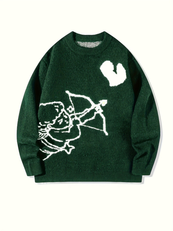 Meeste villane kampsun – minimalistlik stiil, ümmarguse kaelusega, pikad varrukad, 100% vill, keskmise pikkusega 65–80 cm, Cupid heart graffiti print