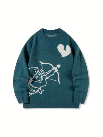 Meeste villane kampsun – minimalistlik stiil, ümmarguse kaelusega, pikad varrukad, 100% vill, keskmise pikkusega 65–80 cm, Cupid heart graffiti print