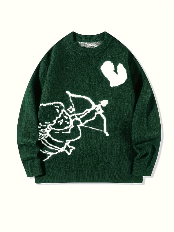 Meeste villane kampsun – minimalistlik stiil, ümmarguse kaelusega, pikad varrukad, 100% vill, keskmise pikkusega 65–80 cm, Cupid heart graffiti print