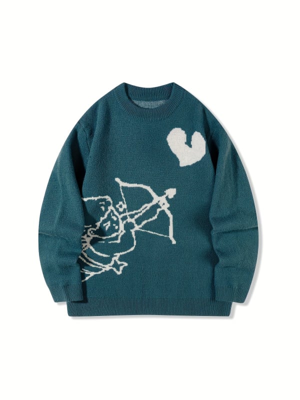 Meeste villane kampsun – minimalistlik stiil, ümmarguse kaelusega, pikad varrukad, 100% vill, keskmise pikkusega 65–80 cm, Cupid heart graffiti print