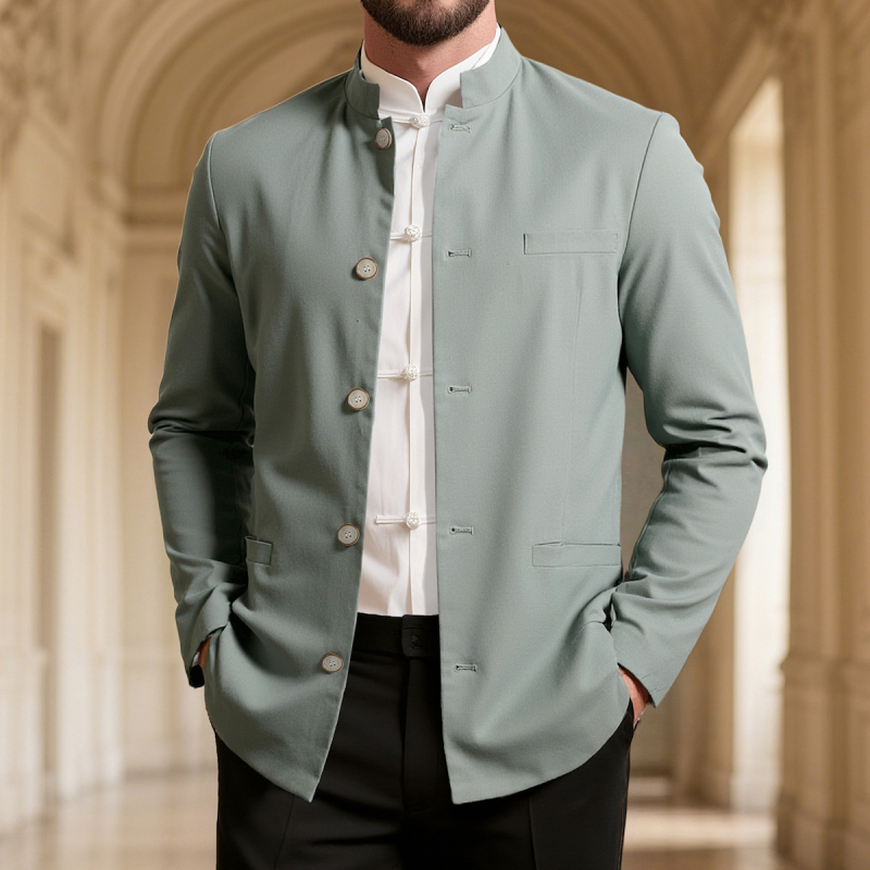 Pánske Zhongshan oblek, sako s stojacim golierom, bavlno-linová zmes, voľný štýl, pre všetky ročné obdobia