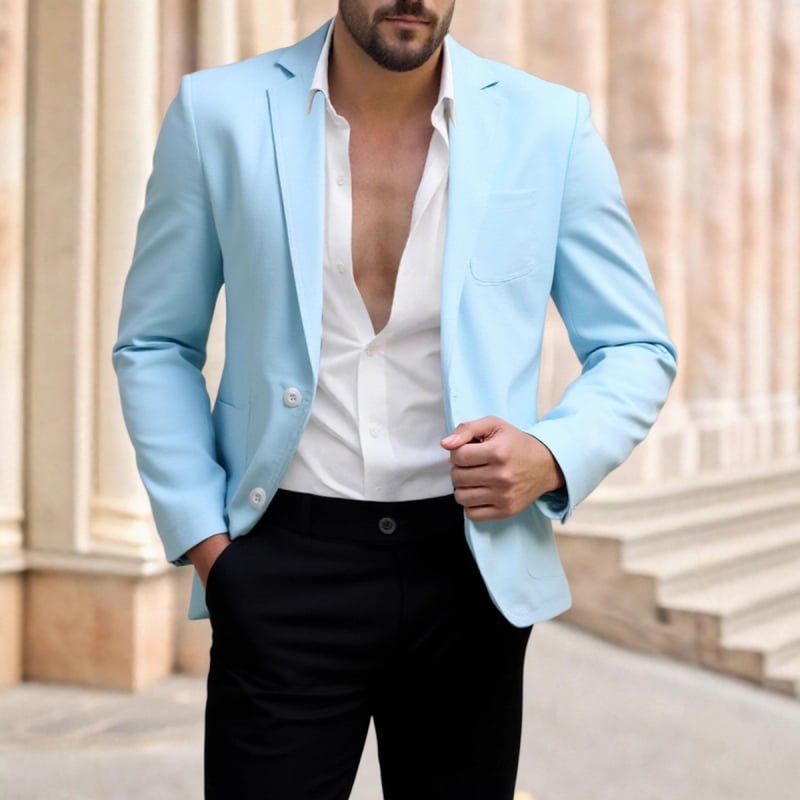 Vyriskas kasual švarkas, slim-fit streetwear stilius; lino–poliesterio mišinio audinys (30% poliesterio); pamušalas poliesteris; dviejų mygtukų užsegimas vienoje eilėje; vienalytis raštas; keturios sezonos