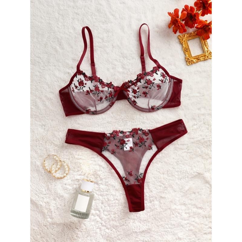 Set grudnjaka s cvjetnom vezom i čipkom, glavni materijal najlon, podstava pamuk, tip košarice Rabbit Ear