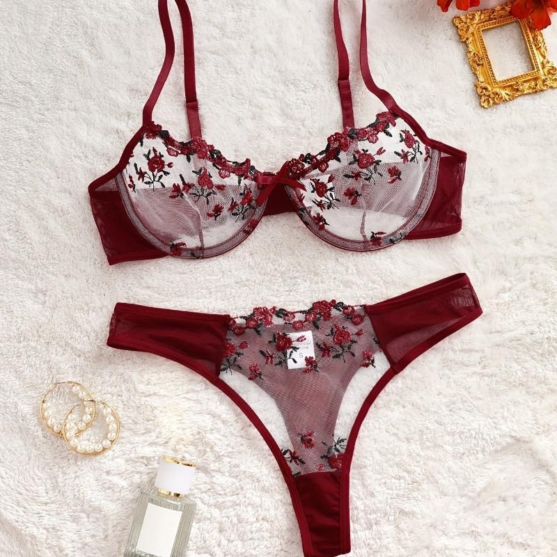 Set grudnjaka s cvjetnom vezom i čipkom, glavni materijal najlon, podstava pamuk, tip košarice Rabbit Ear