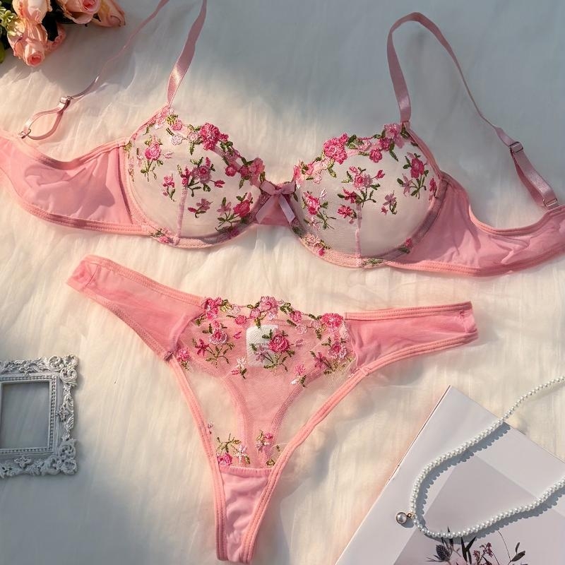 Set grudnjaka s cvjetnom vezom i čipkom, glavni materijal najlon, podstava pamuk, tip košarice Rabbit Ear