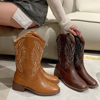 Női cowboy csizma négyszögletes orrú, vastag sarokkal, alacsony szár, PU felsőrész, slip-on