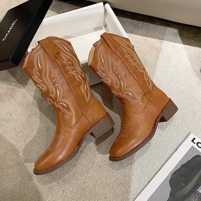 Női cowboy csizma négyszögletes orrú, vastag sarokkal, alacsony szár, PU felsőrész, slip-on