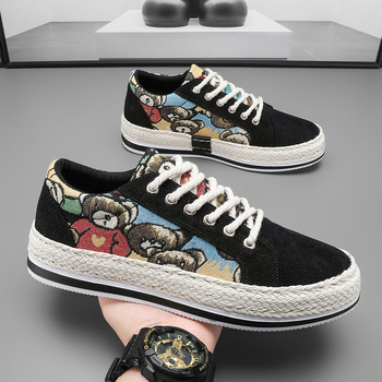 Pánske casual plátenné boat topánky – okrúhla špička, šnúrky, nízky členok, PVC podrážka, sieťovaná vnútorná časť