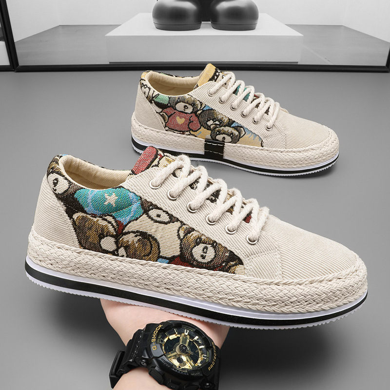 Pánske casual plátenné boat topánky – okrúhla špička, šnúrky, nízky členok, PVC podrážka, sieťovaná vnútorná časť