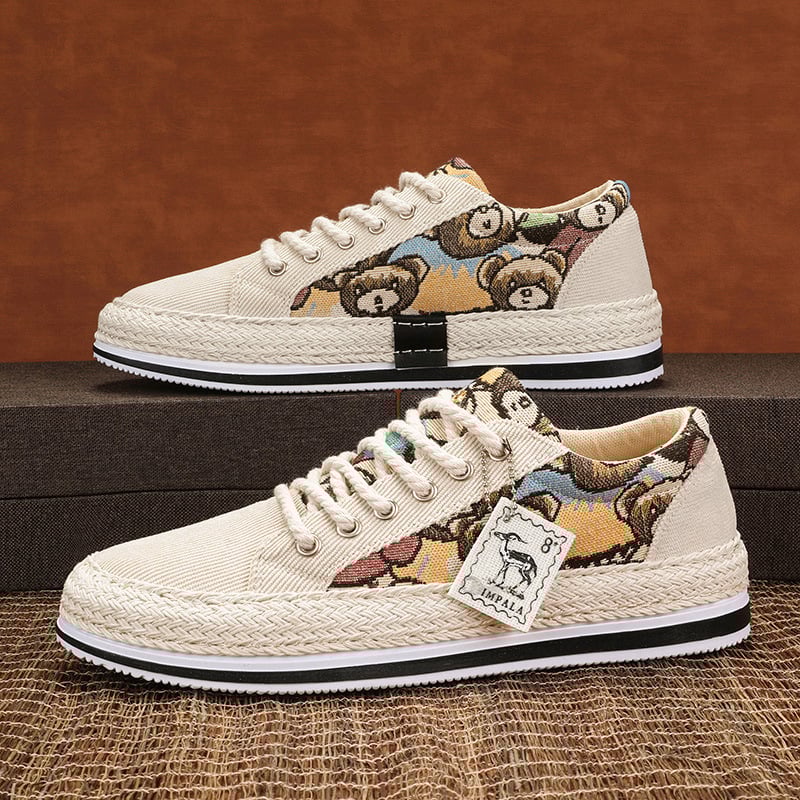 Pánske casual plátenné boat topánky – okrúhla špička, šnúrky, nízky členok, PVC podrážka, sieťovaná vnútorná časť