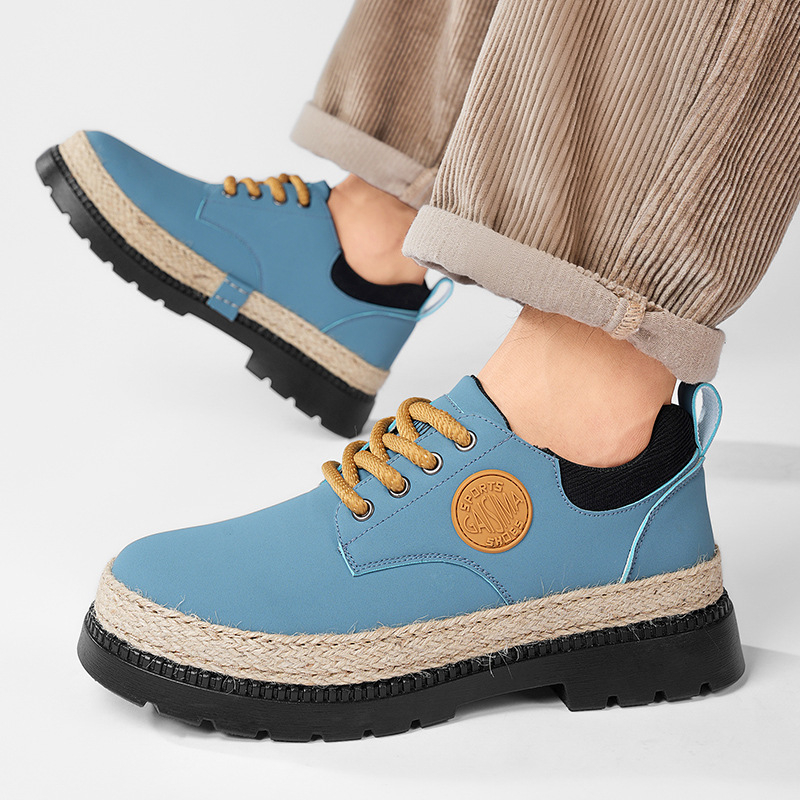 Muške mokasinske čizme, kožni gornji dio, PVC đon, niski kroj čizme, prednje vezanje, okrugli vrh, jesenji stil, funkcija povećanja visine