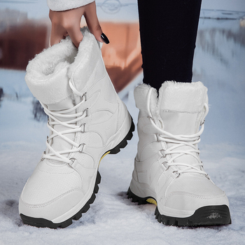 Unisex zimné snehové topánky pre outdoor - PU vrchná časť, vnútorná z umelej plyše, podrážka z TPR s protišmykovou gumou, kruhová špička, nízky podpätok 1-3 cm