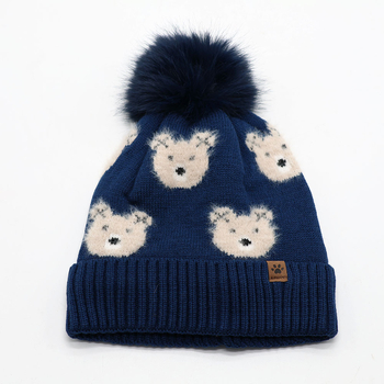 Pletená akrylová čiapka s medvedím pompomom, 100% akryl, okrúhly vrch, teplá a vetruodolná, zima