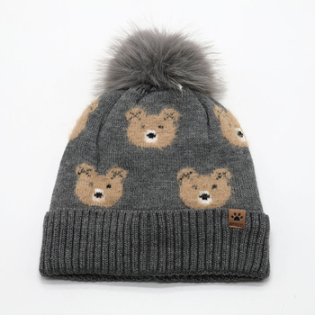 Pletená akrylová čiapka s medvedím pompomom, 100% akryl, okrúhly vrch, teplá a vetruodolná, zima