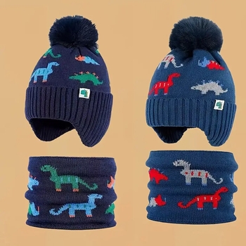 Detský zimný set: čiapka a šál s dinosaurom v jacquardovom pletení – vlnená čiapka s ochranou uší, kruhová koruna, bez okraja, pre deti 1–4 rokov