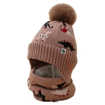 Detský zimný set: čiapka a šál s dinosaurom v jacquardovom pletení – vlnená čiapka s ochranou uší, kruhová koruna, bez okraja, pre deti 1–4 rokov