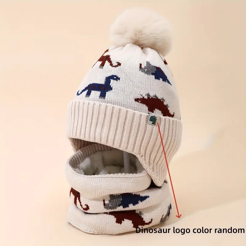 Detský zimný set: čiapka a šál s dinosaurom v jacquardovom pletení – vlnená čiapka s ochranou uší, kruhová koruna, bez okraja, pre deti 1–4 rokov