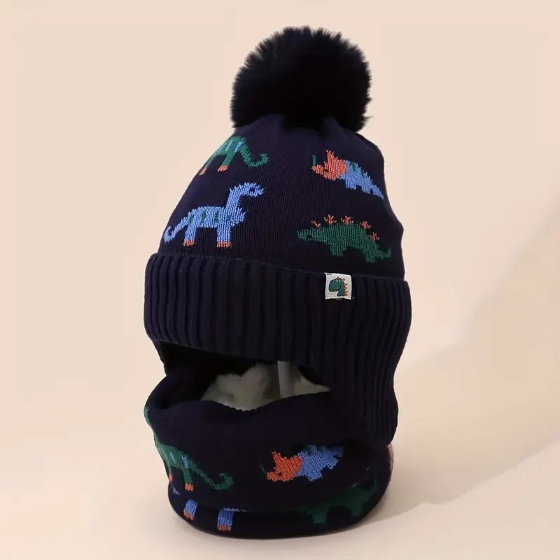 Detský zimný set: čiapka a šál s dinosaurom v jacquardovom pletení – vlnená čiapka s ochranou uší, kruhová koruna, bez okraja, pre deti 1–4 rokov