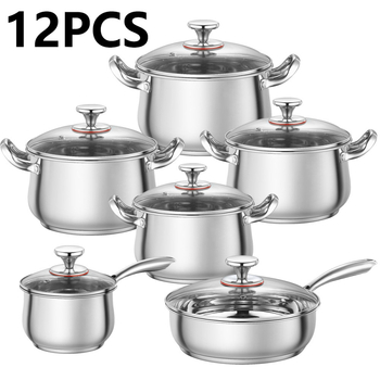 Ruiyou 12-dielna súprava hrncov z 201 nerezovej ocele s arkovitým dizajnom, s antiadhéznou úpravou a sklenenou pokrievkou; obsahuje telo hrnca a rukoväť; kompatibilná so všetkými typmi platní; model YF-8745, Ruiyou