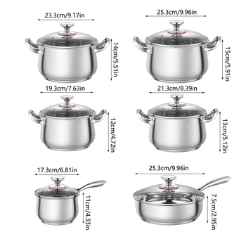 Ruiyou 12-dielna súprava hrncov z 201 nerezovej ocele s arkovitým dizajnom, s antiadhéznou úpravou a sklenenou pokrievkou; obsahuje telo hrnca a rukoväť; kompatibilná so všetkými typmi platní; model YF-8745, Ruiyou